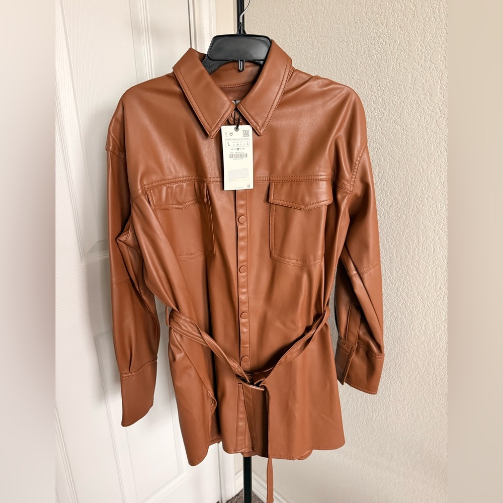 Zara Tan Faux Leather Shirt Dress
